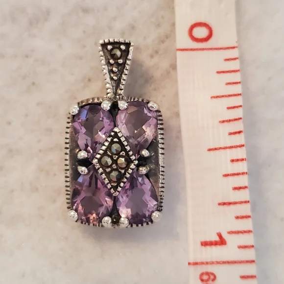 Sterling Silver Purple Amethyst Marcasite Pendant - Picture 4 of 5